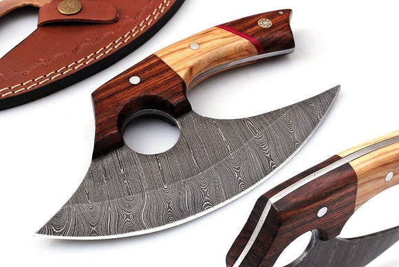Hunting Knife Pizza Cutter Ulu Knife Handmade Pure Damascus Steel Fixed Blade