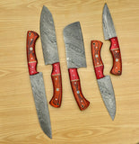 Damascus Handmade Steel Knife Set Of 5pcs With Leather Cover Perfect for Gift