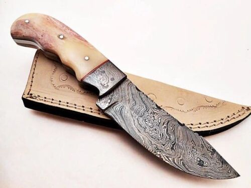 Handmade Damascus Steel Knife With Leather Sheath For Hunting Outdoor & Camping.